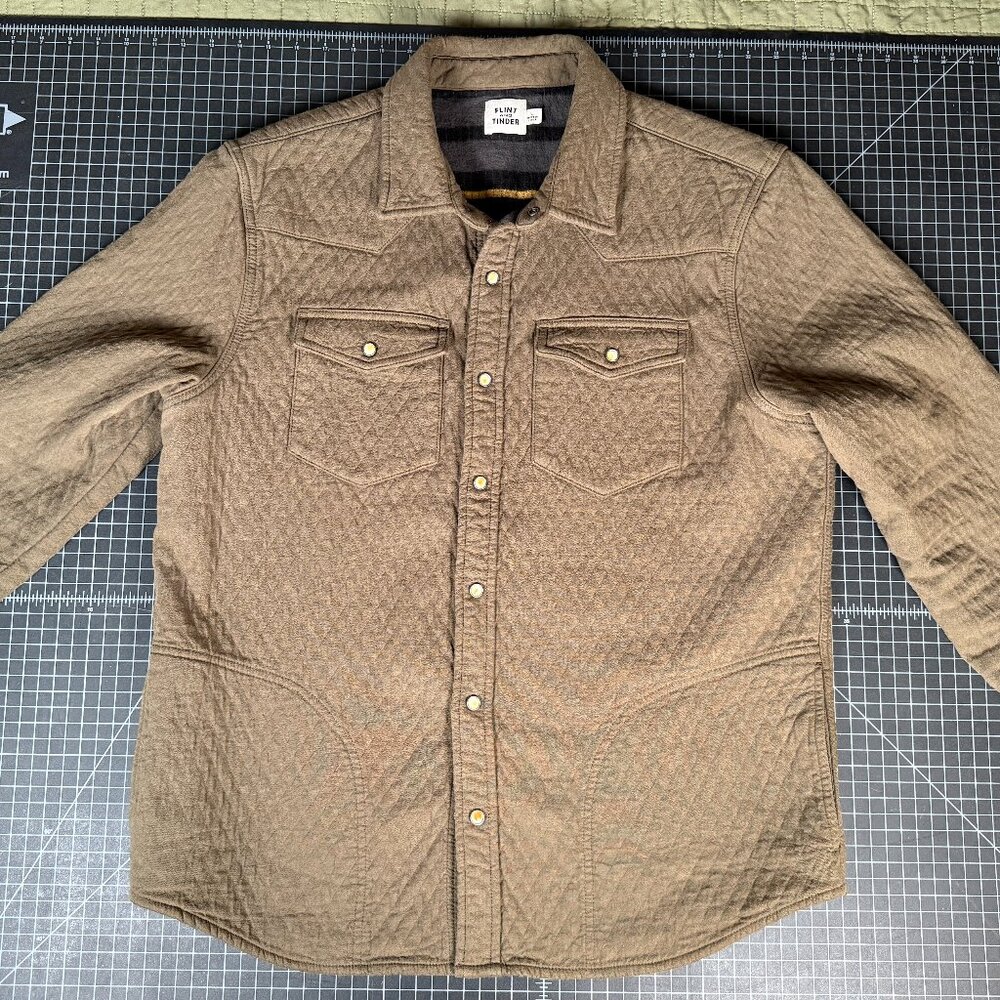 Flint & Tinder Quilted Bone Snap Button Western Shirt Mens Large Lined Olive